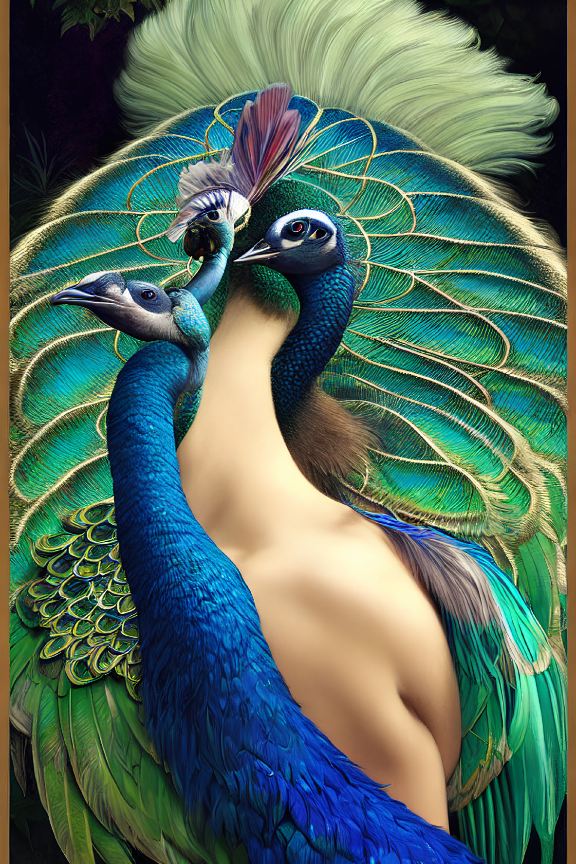 Vibrant Blue and Green Peacocks Merge with Person on Dark Background