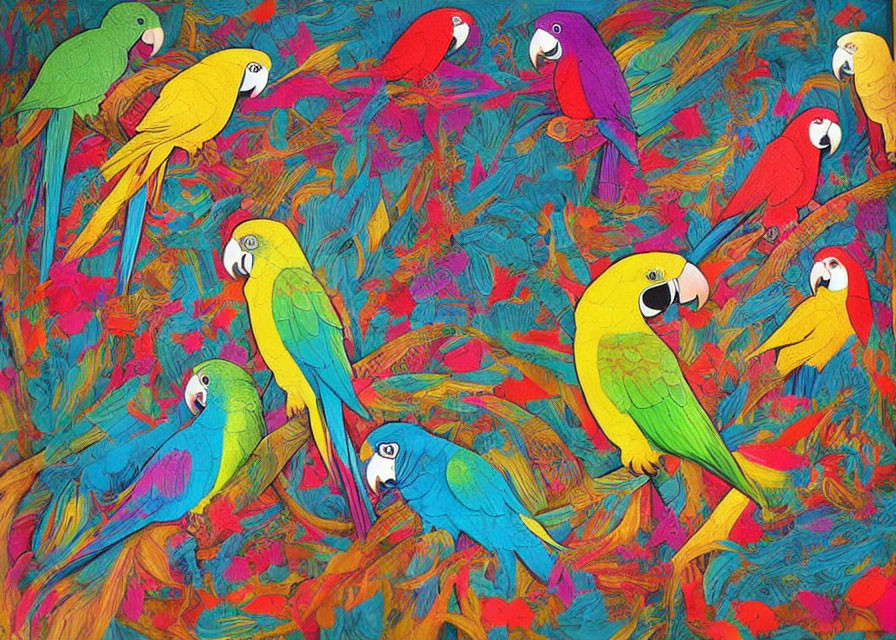Colorful Artwork of Stylized Parrots in Tropical Setting