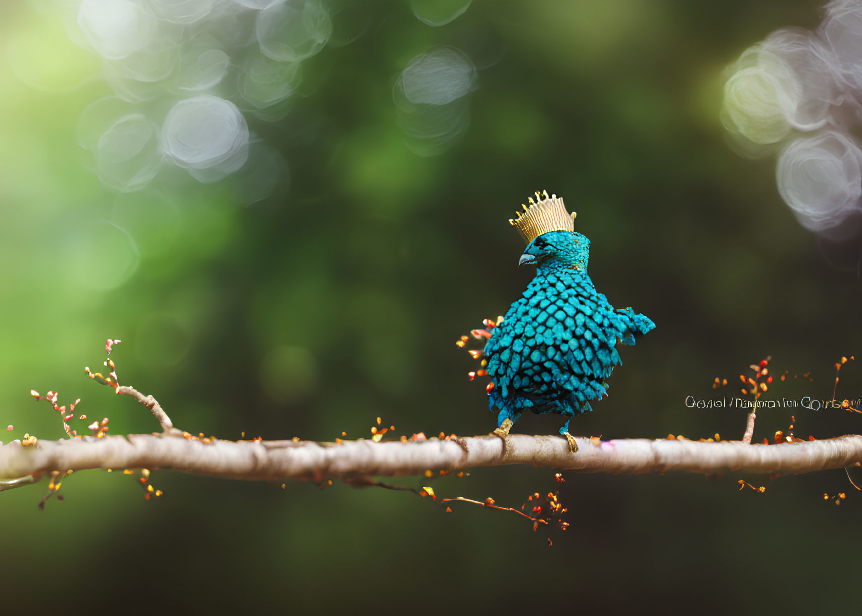 Blue Jeweled Bird Sculpture with Crown Perched on Twig in Soft-focus Green Background