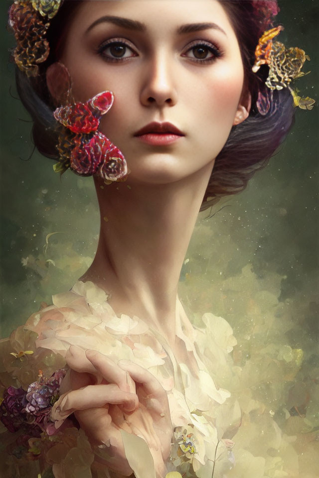 Portrait of Woman with Butterflies in Hair and Floral Dress in Mystical Glow