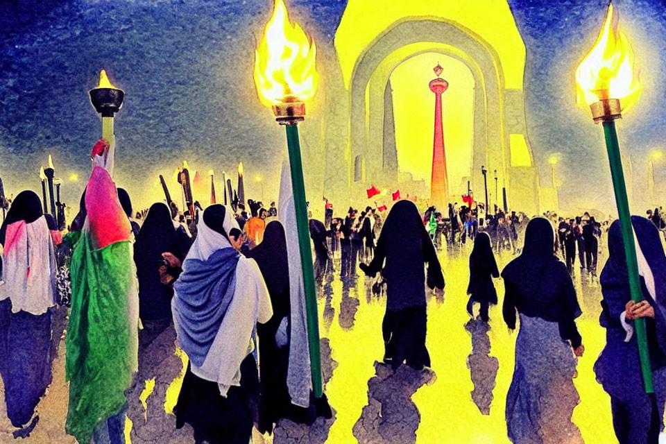 Vibrant crowd with torches around illuminated arch and column