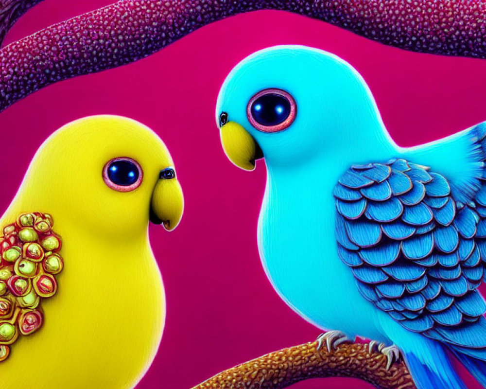 Colorful 3D birds on branch with pink background