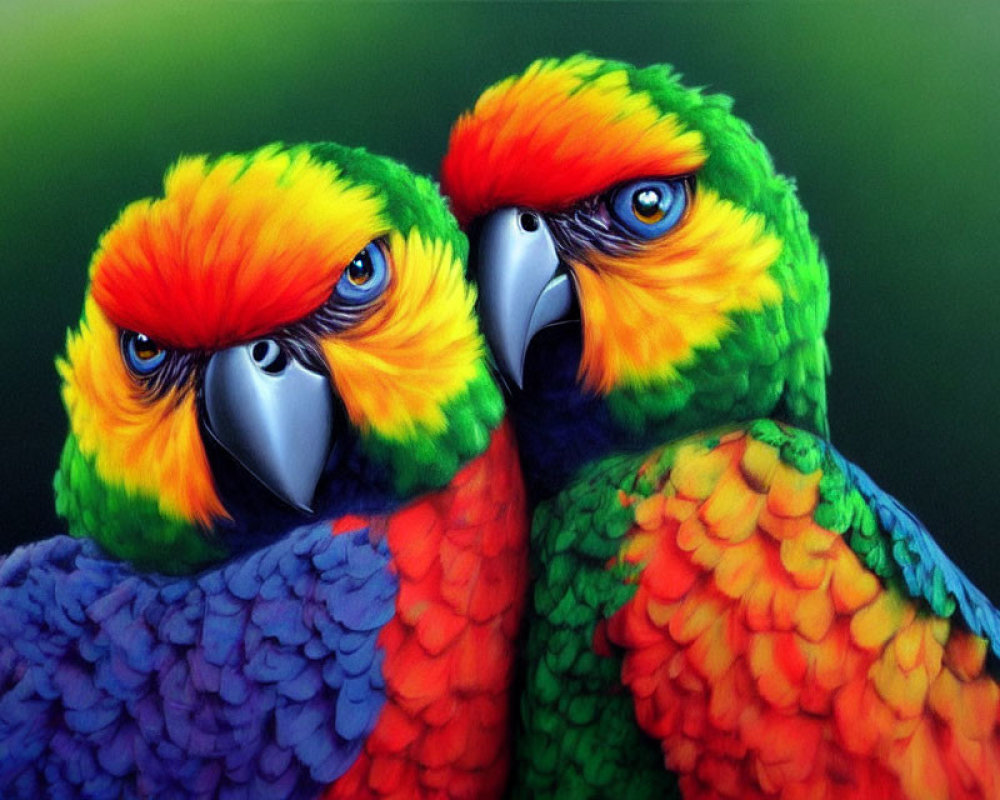 Colorful Macaws Cuddled Together in Green, Blue, Orange, and Red Plumage