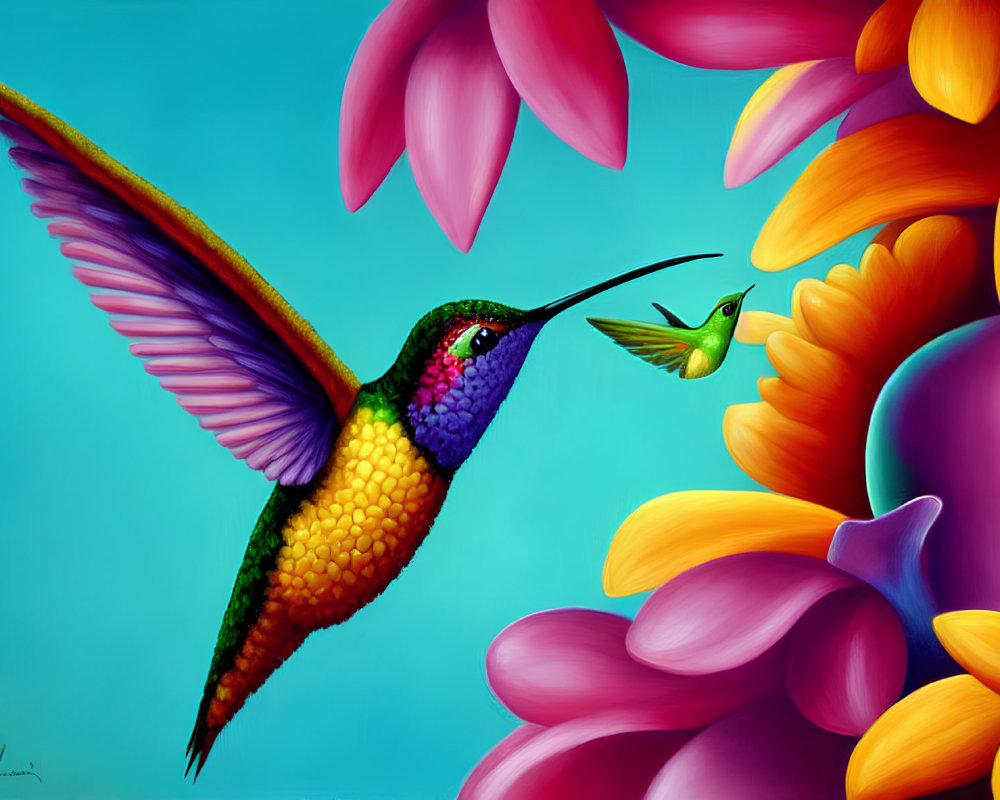 Colorful hummingbird and insect in vibrant painting with pink and orange flowers
