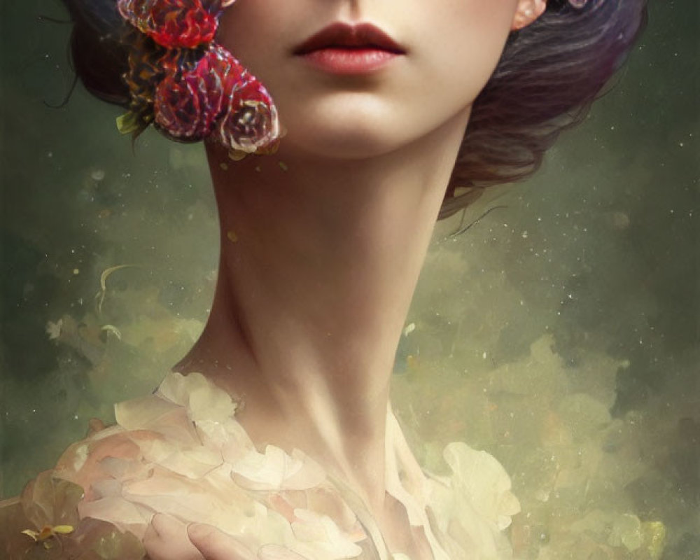 Portrait of Woman with Butterflies in Hair and Floral Dress in Mystical Glow
