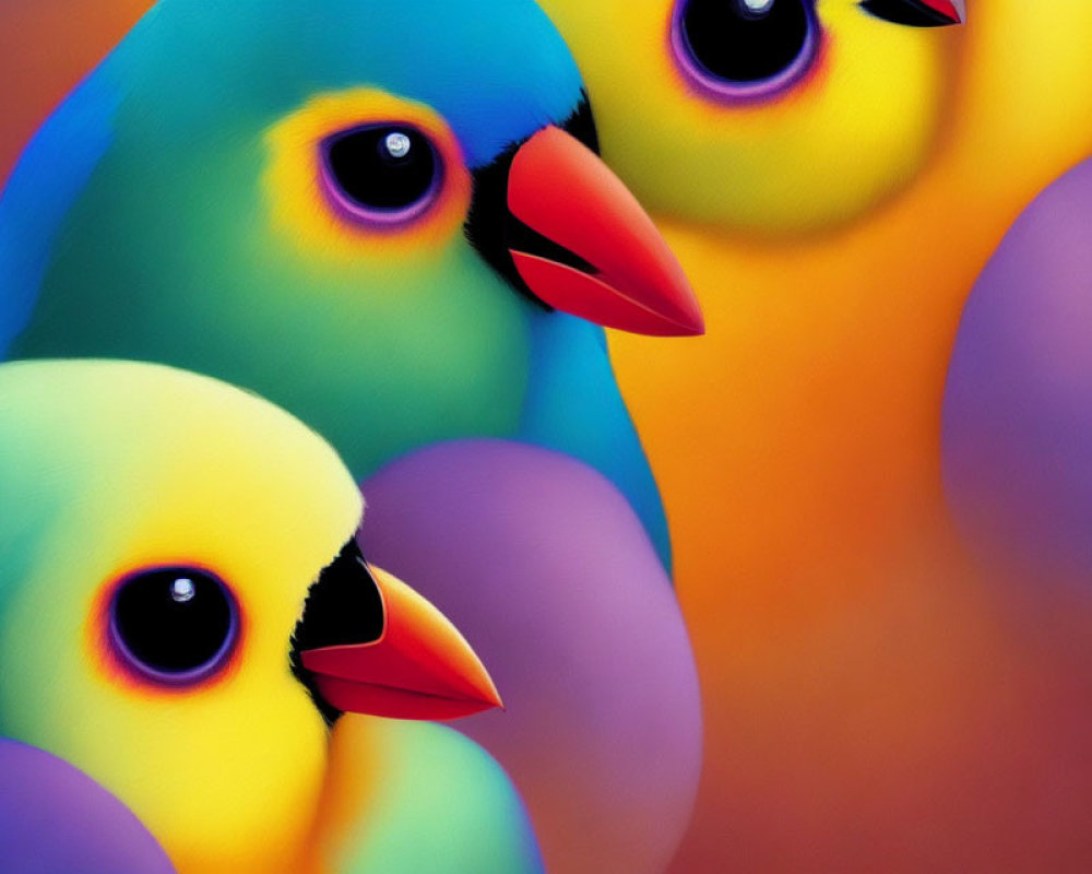 Vibrant Stylized Image: Three Birds with Blue, Green, and Yellow Feathers