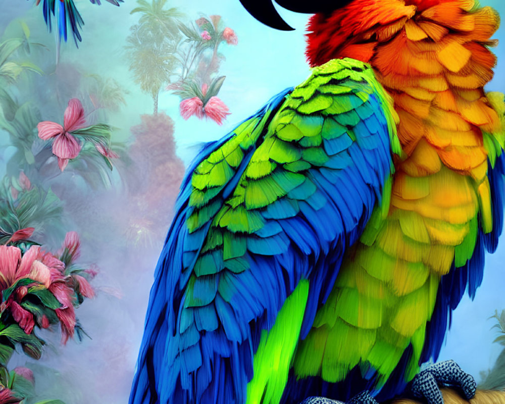 Colorful Macaw Perched in Jungle with Flying Companion