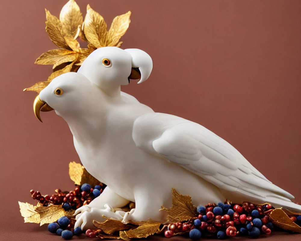 White Porcelain Parrots with Gold-Tinted Beaks and Leaves Among Colorful Berries
