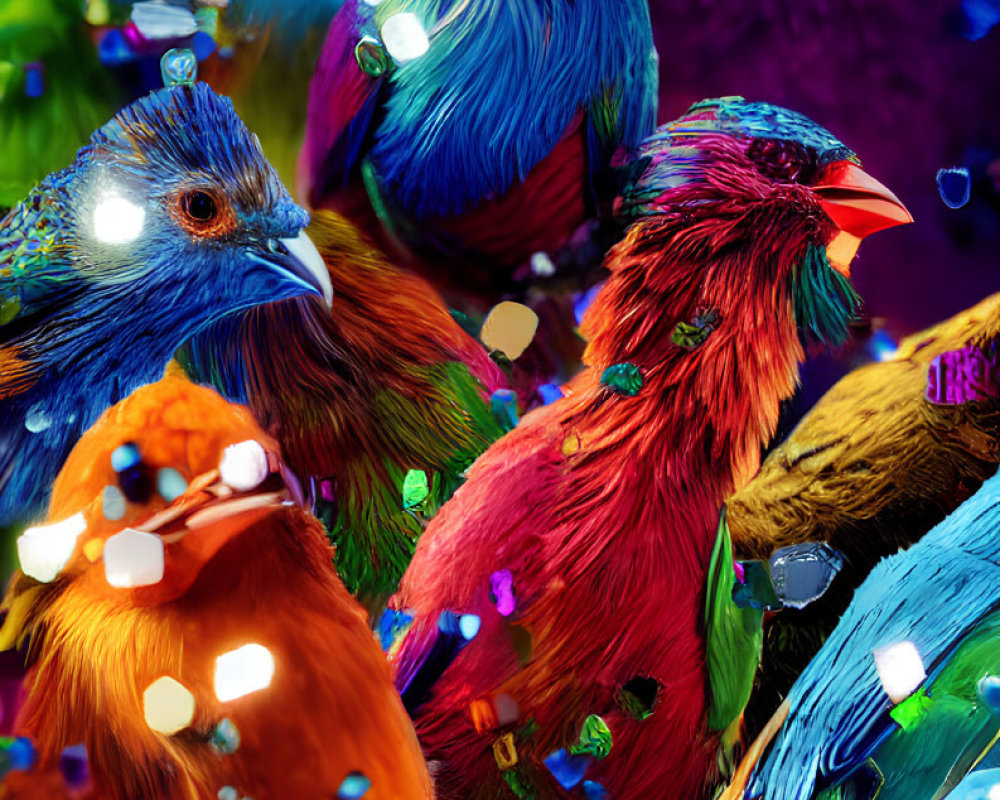 Colorful Birds with Blue, Purple, Orange, and Red Plumage in Bokeh Background