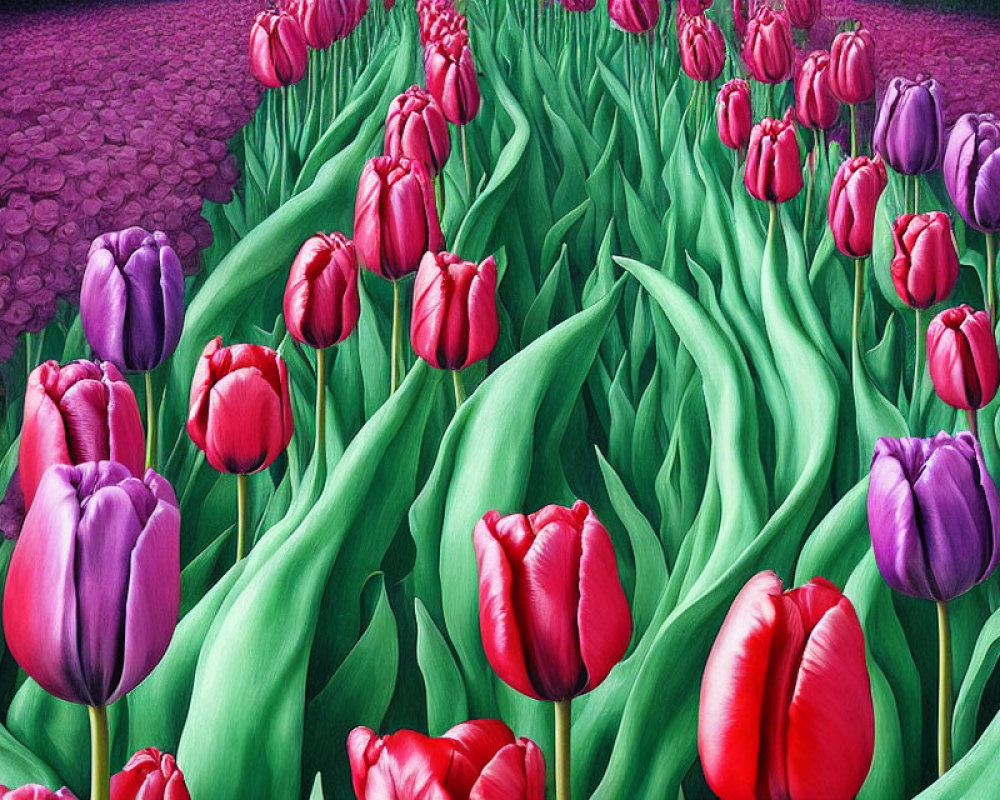Colorful Field of Red and Purple Tulips with Green Leaves and Purple Petals Background