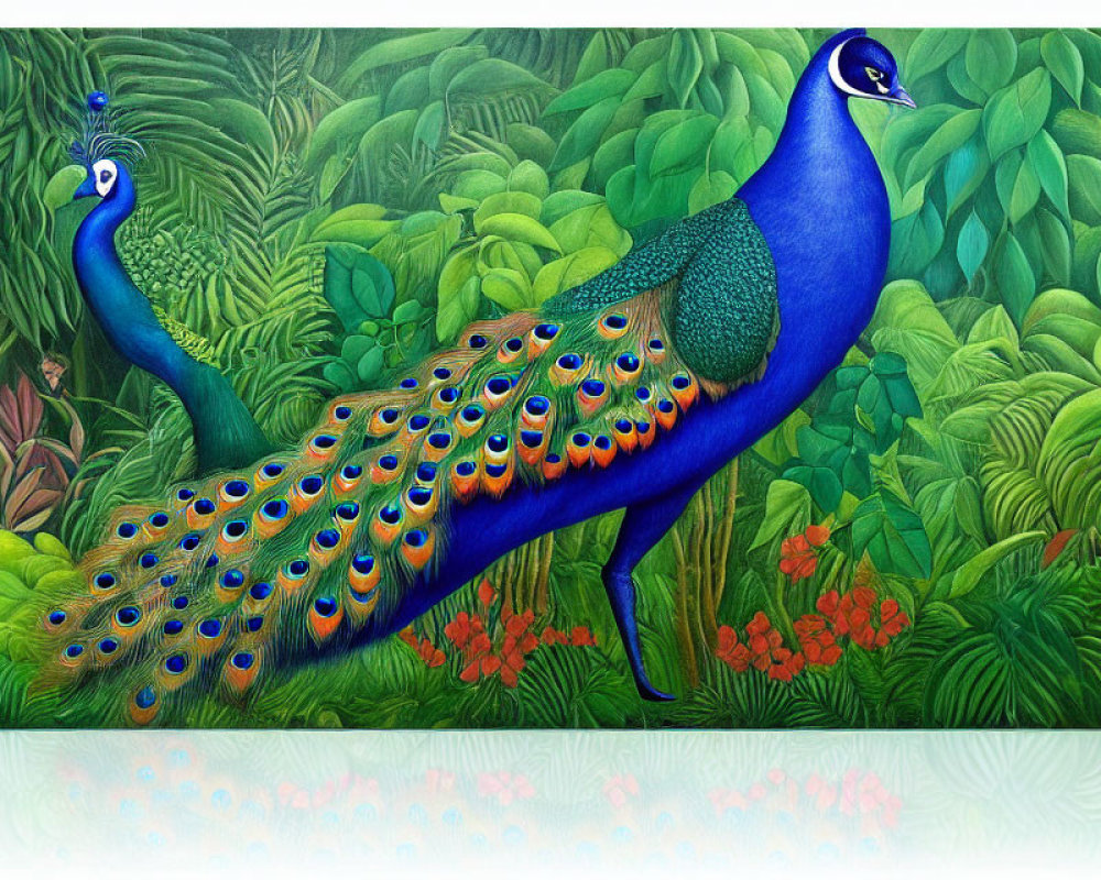Colorful painting: Two peacocks, one with open tail, in lush green forest with red