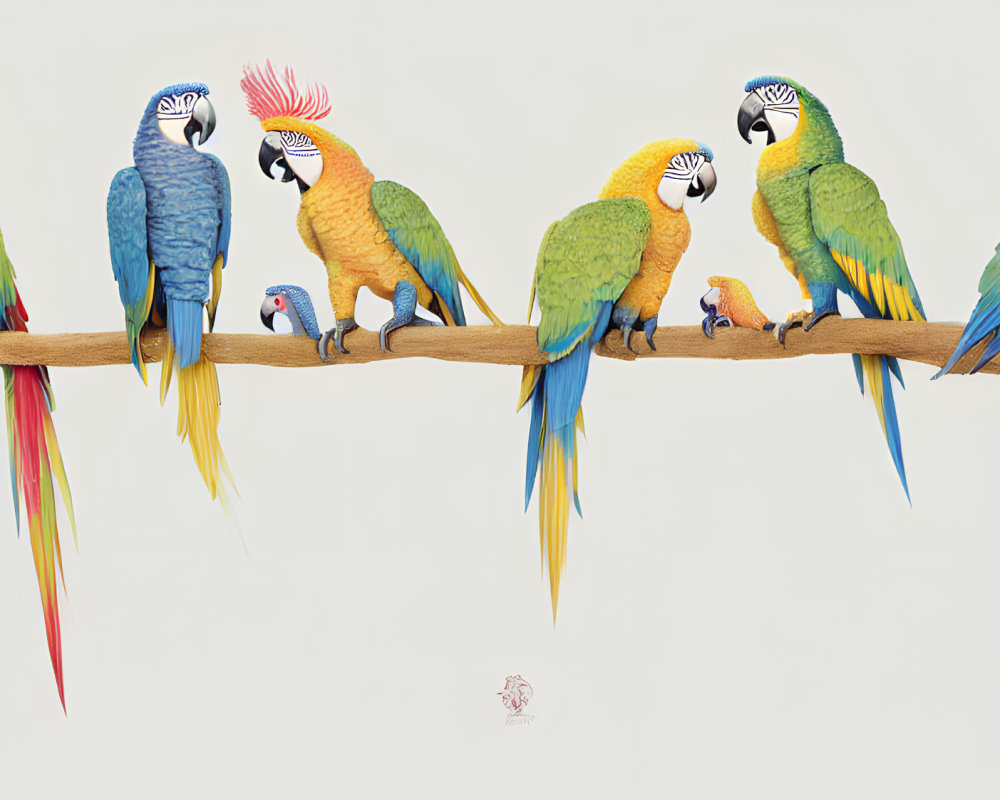 Vibrant parrots on branch with small object and hanging ring
