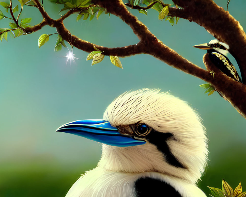 Detailed depiction of large white bird with blue beak and smaller bird on tree branch in soft-focus green