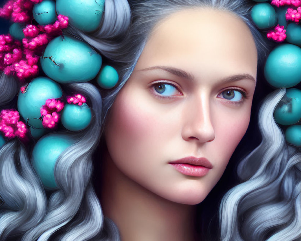 Portrait of a woman with blue orbs and pink flowers in her hair
