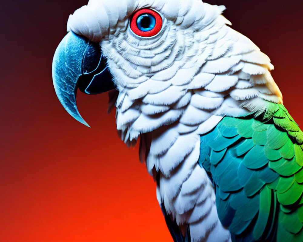 Colorful close-up of blue and green parrot with red eyes on gradient backdrop