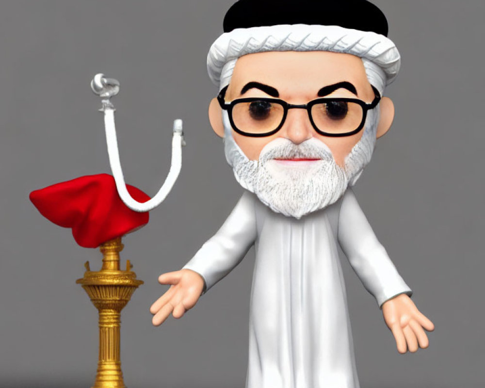 Stylized bearded man figurine in white robe and black turban on golden stand