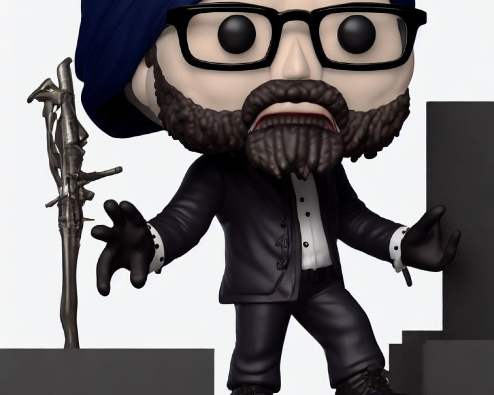 Turbaned collectible figure in black suit with beard and glasses