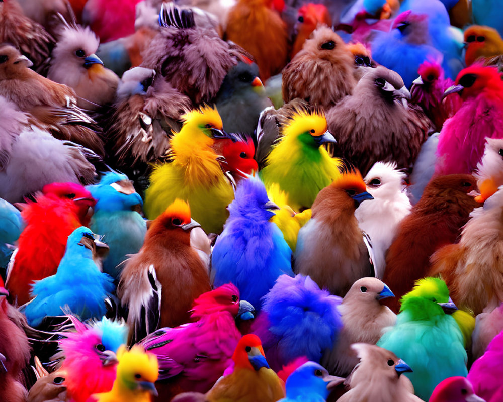 Multicolored pigeons display rainbow dyed feathers