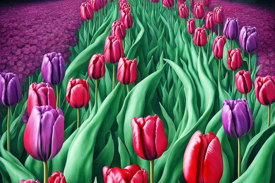 Colorful Field of Red and Purple Tulips with Green Leaves and Purple Petals Background