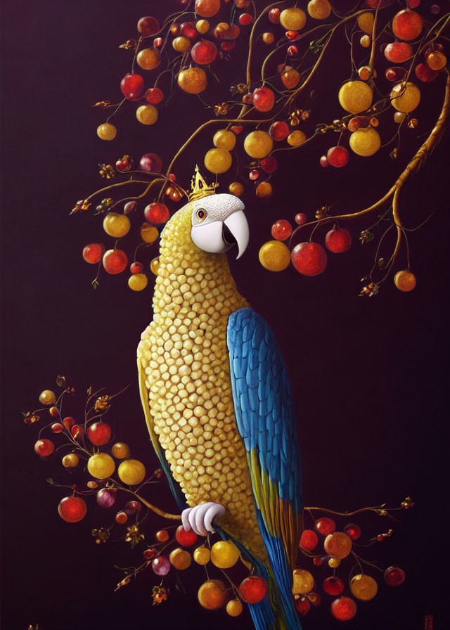 Colorful Parrot Painting with Corn Kernel Texture and Berry Branches