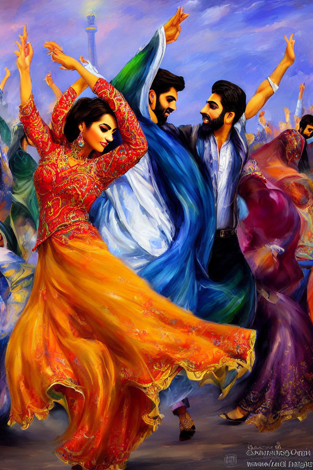 Colorful painting of people in traditional attire dancing energetically in festive setting