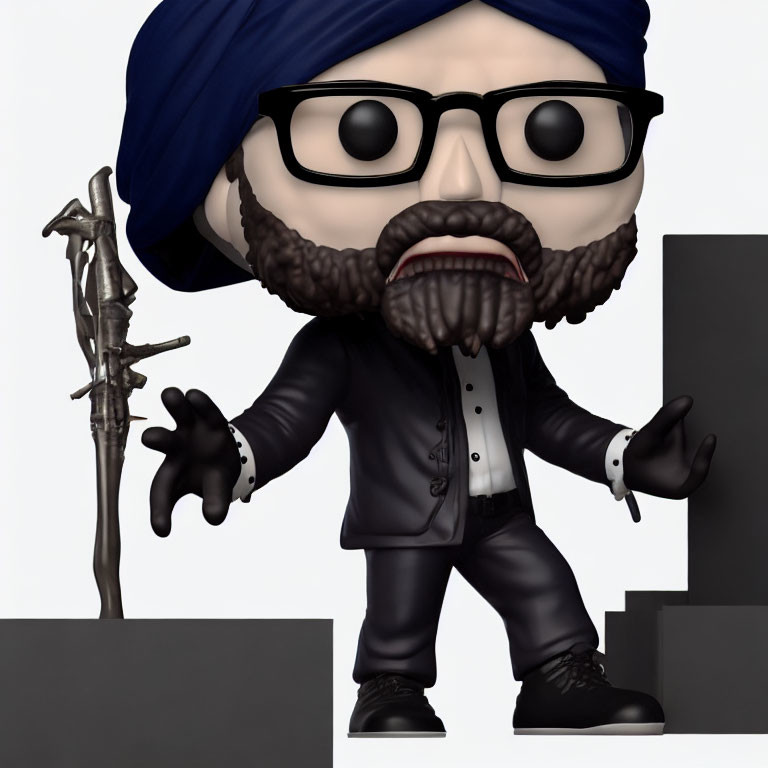 Turbaned collectible figure in black suit with beard and glasses