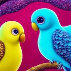 Colorful 3D birds on branch with pink background