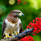 Majestic hawk perched on branch with red flowers, sharp beak, detailed feathers