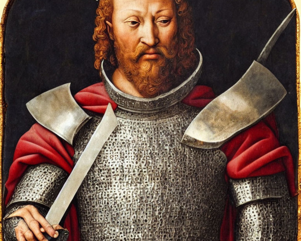 Medieval Knight Portrait in Armor with Red Garment Holding Sword