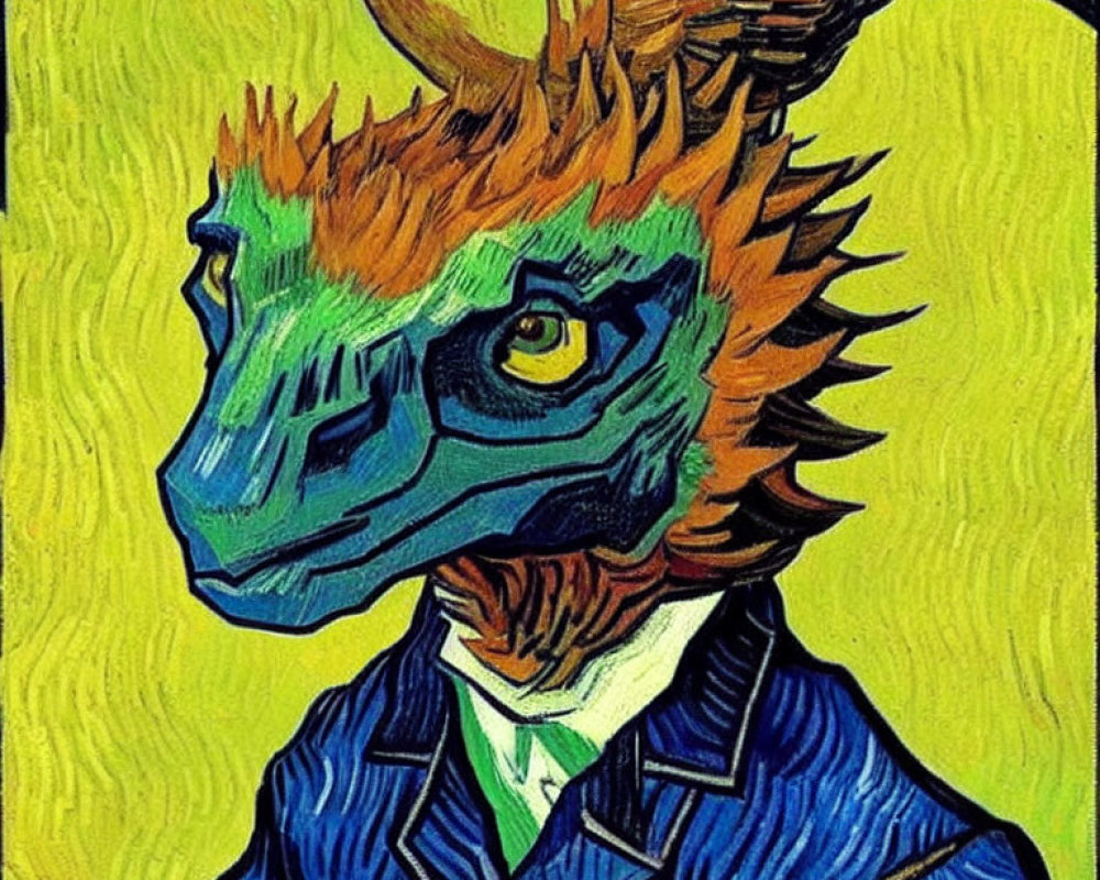 Stylized portrait with dragon-like head in Van Gogh style