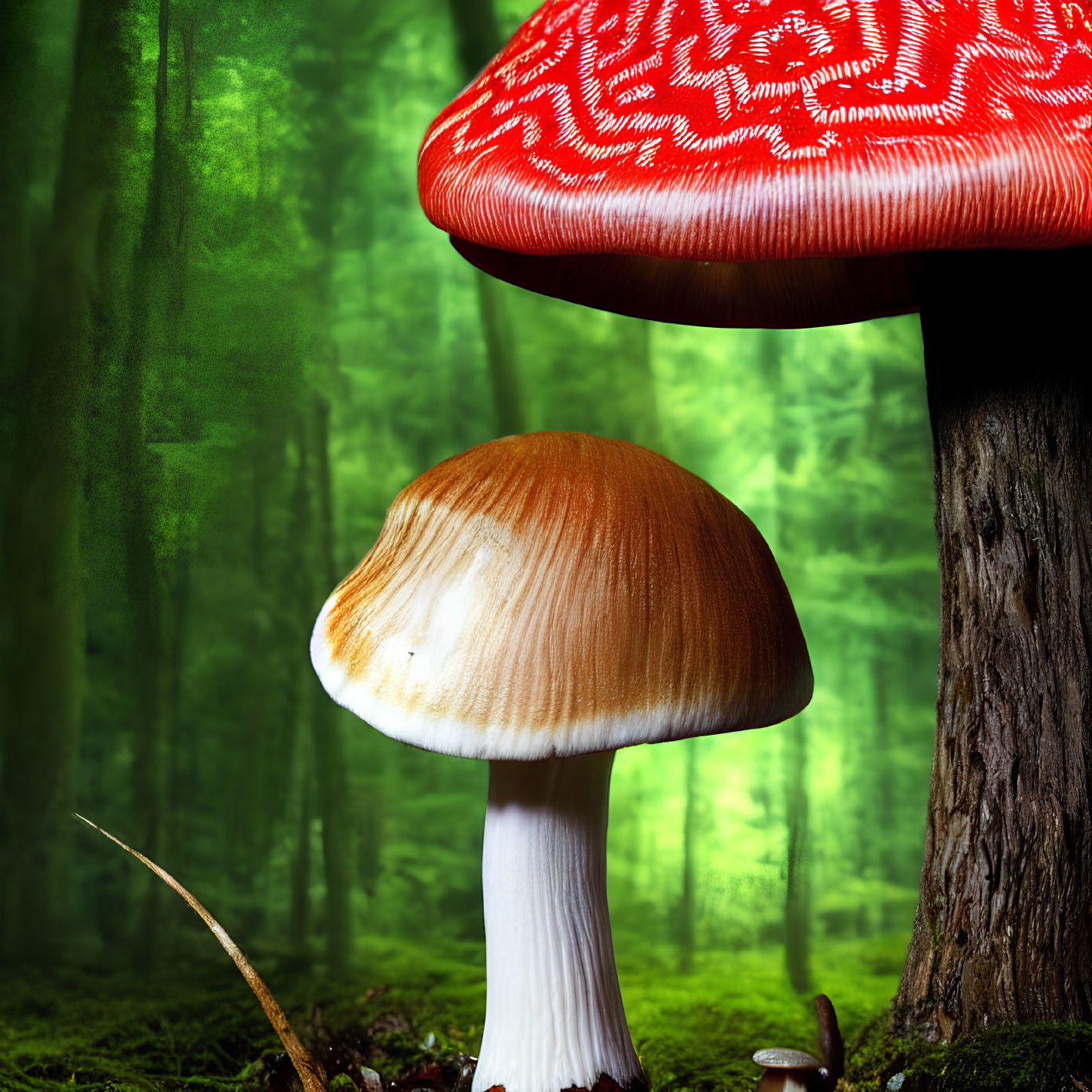 Red-Capped Mushroom Towering Over Smaller Brown Mushroom in Lush Forest