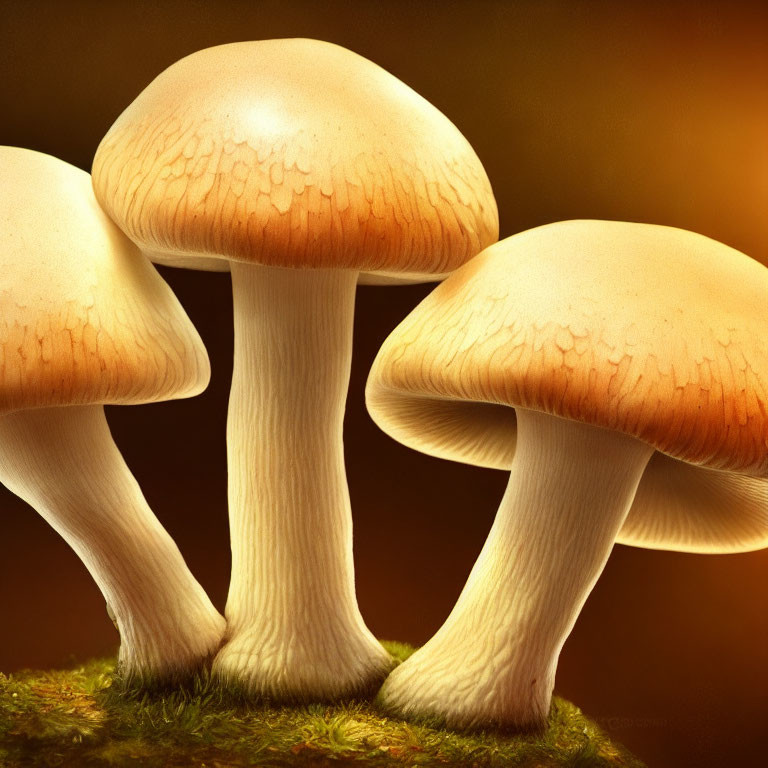 Detailed Close-Up Illustration of Four Tan Mushrooms on Warm Background
