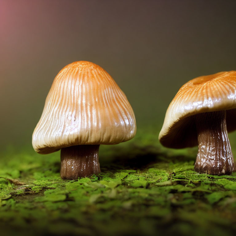 Vibrant orange mushrooms on green moss with blurred background