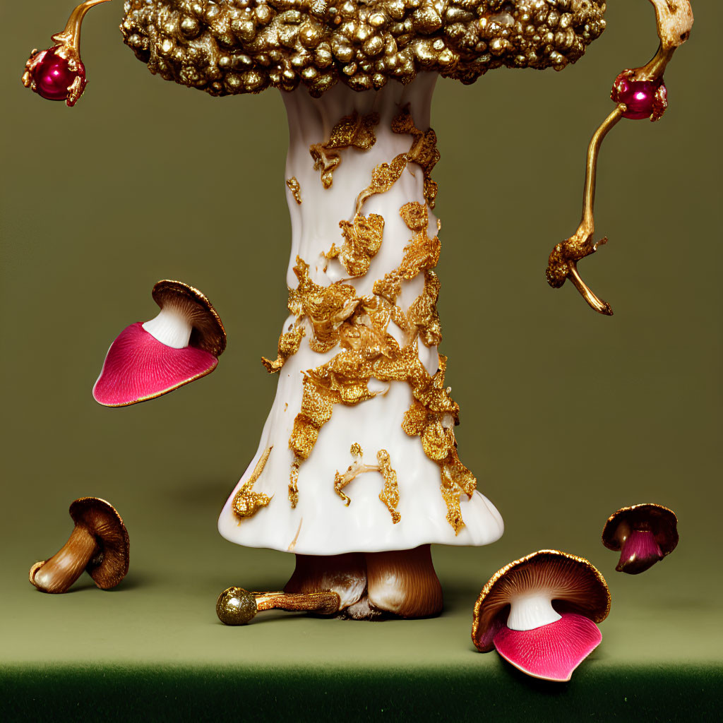 Gold-Accented Ornate Mushroom Surrounded by Metallic Mushrooms on Green Background
