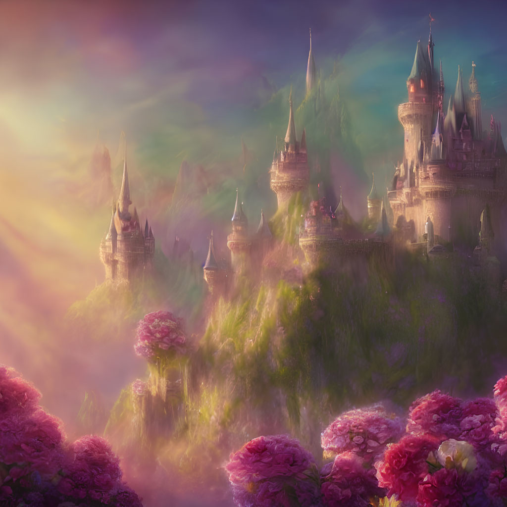 Fantasy castle surrounded by vibrant purple and pink flora under colorful sky