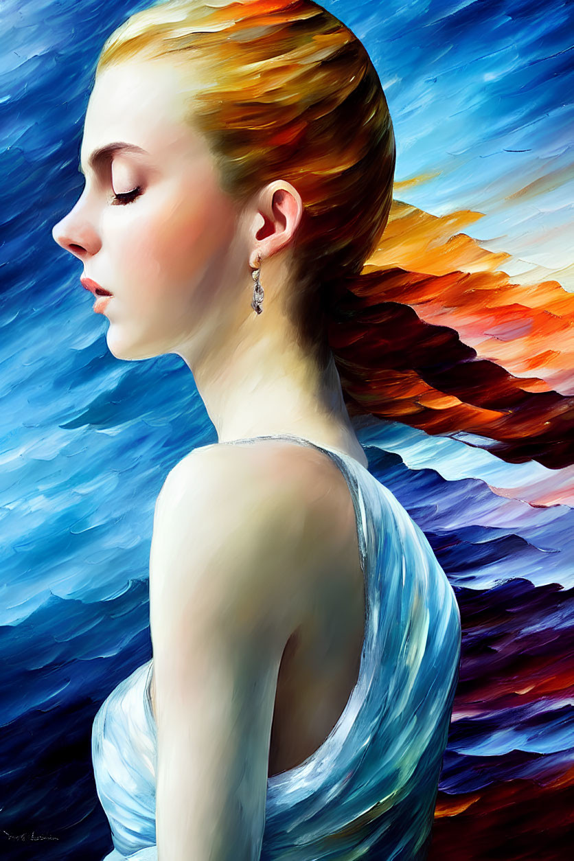 Vibrant digital painting of woman profile in sunset colors