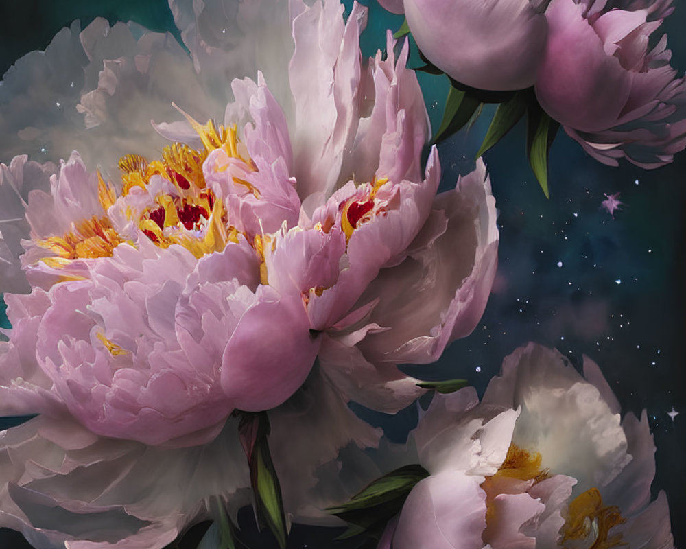 Vibrant peonies in bloom on teal background with detailed pink petals