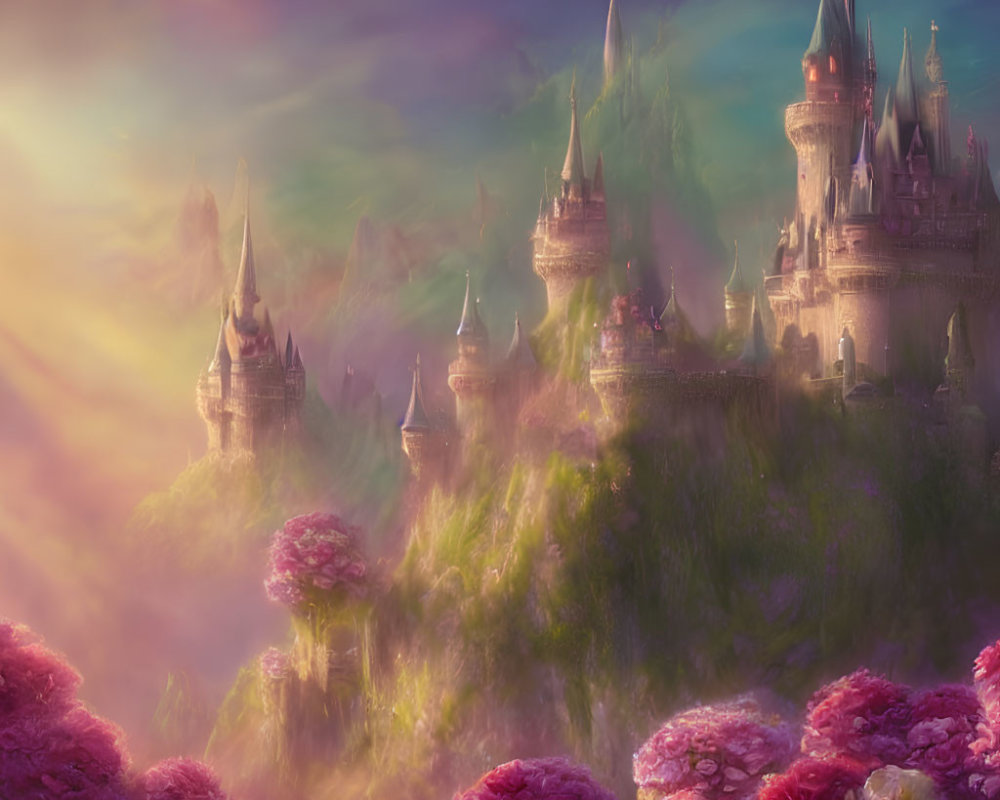 Fantasy castle surrounded by vibrant purple and pink flora under colorful sky
