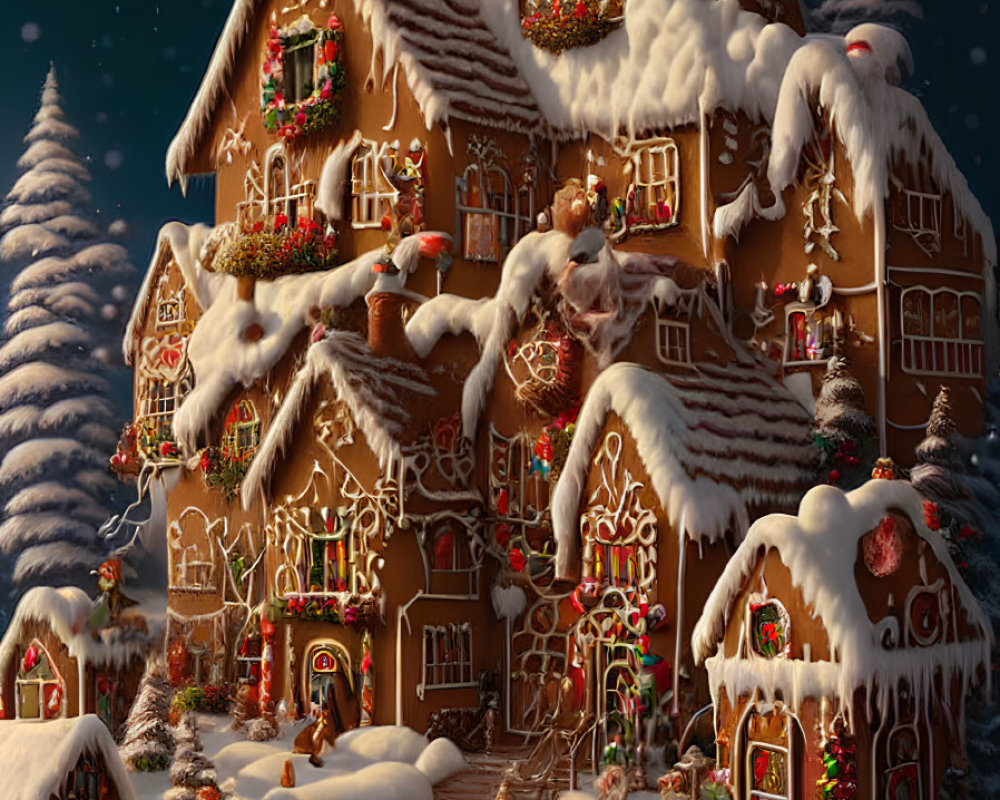 Decorated Snow-Covered Gingerbread House in Festive Winter Scene