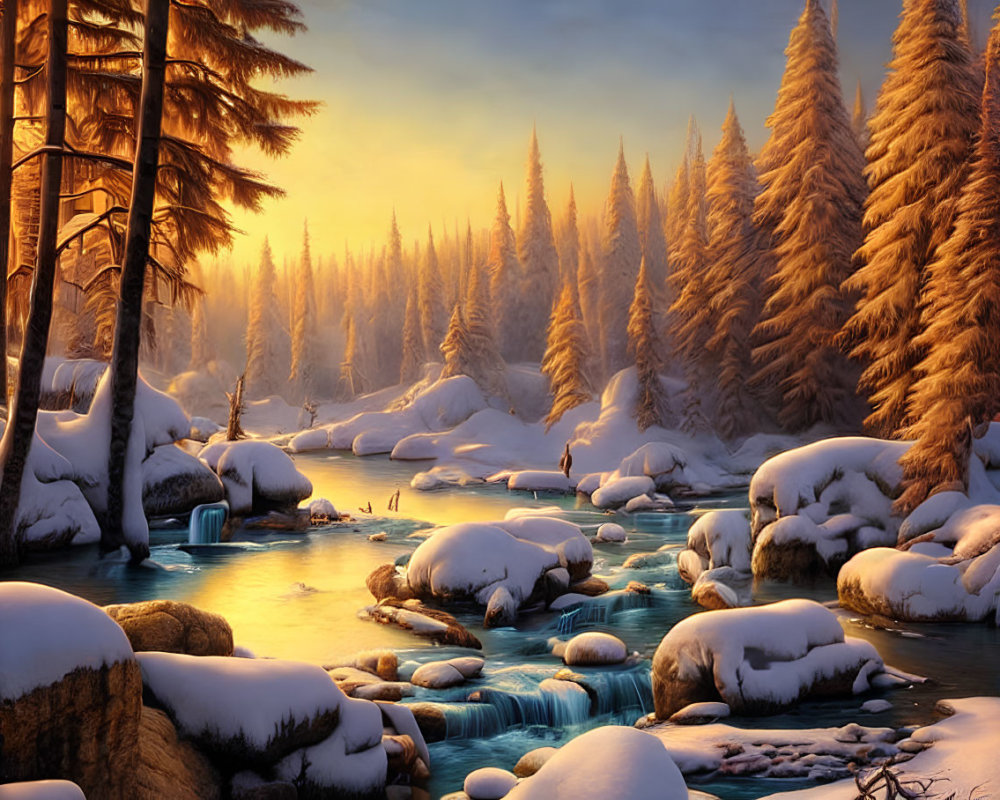 Winter river landscape with snow-covered rocks and pine trees in golden light