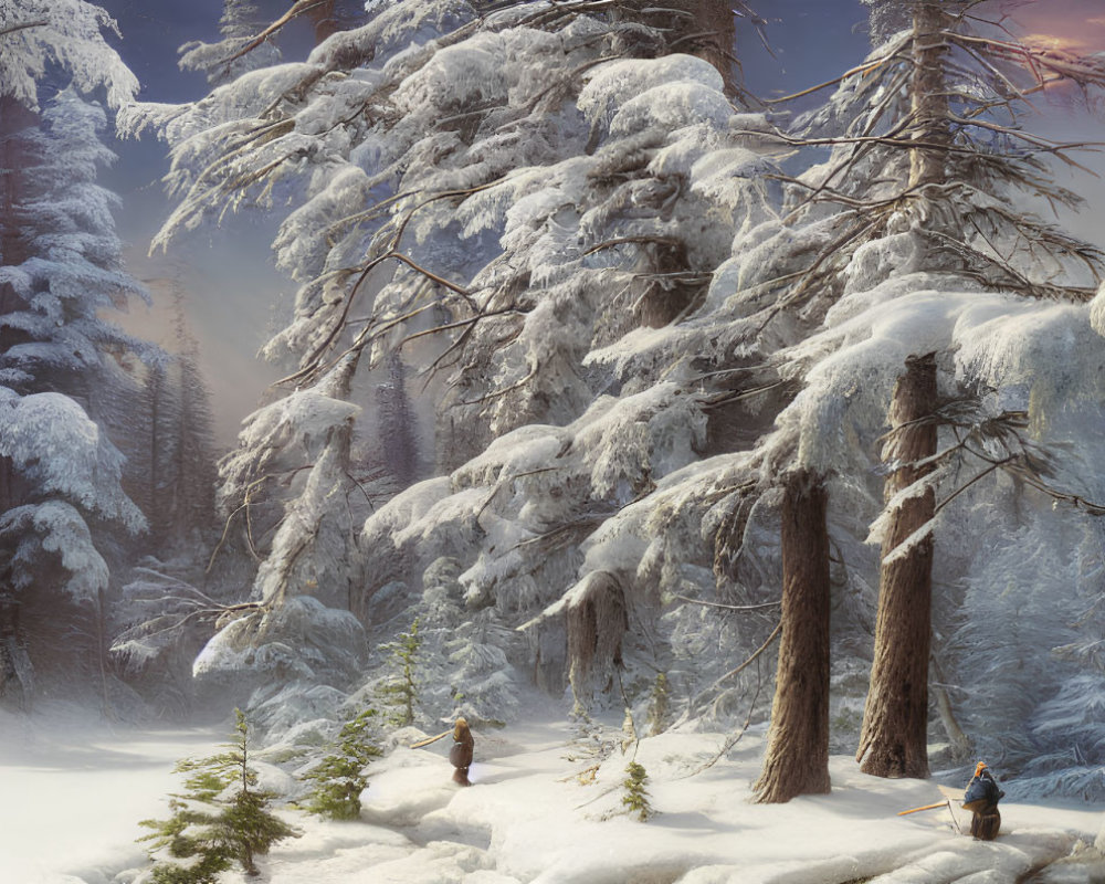 Snow-covered pine trees in tranquil winter forest scene with sunlight glow and small figures trekking.