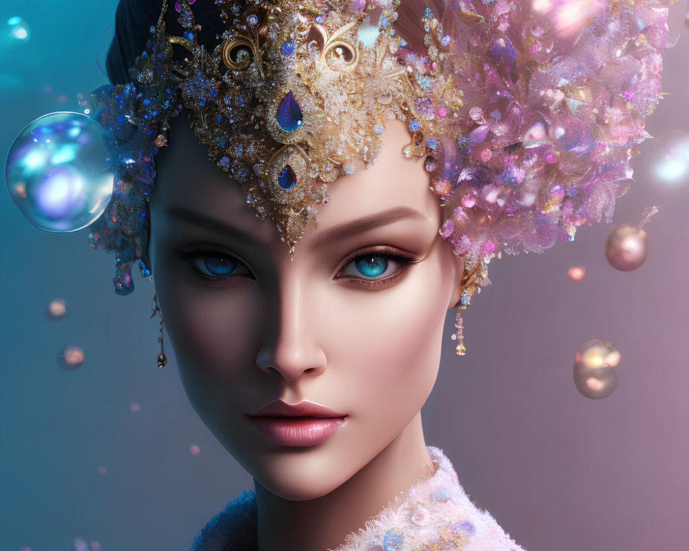 Fantastical portrait of female character with blue eyes and jewel-encrusted headpiece.