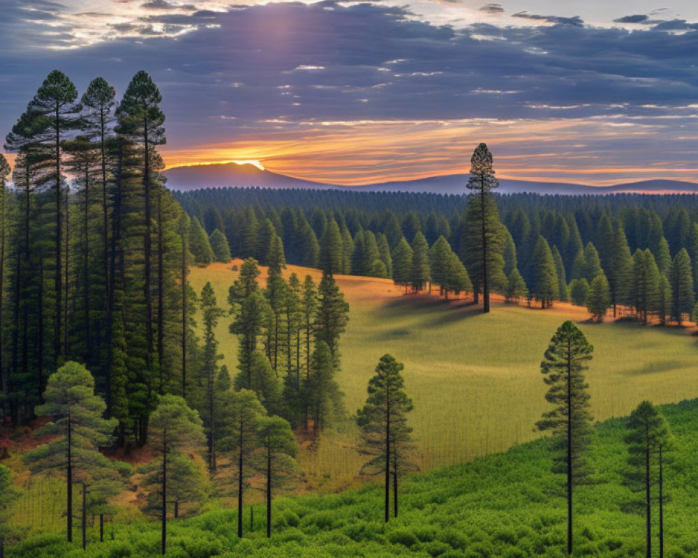 Sunlit forest with tall pine trees and green meadow at sunrise