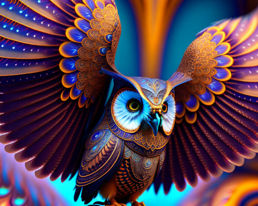 Colorful Owl Digital Artwork with Detailed Feathers and Blue Eyes