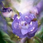 Purple Peony Watercolor Painting with Green Leaves and Dreamy Background