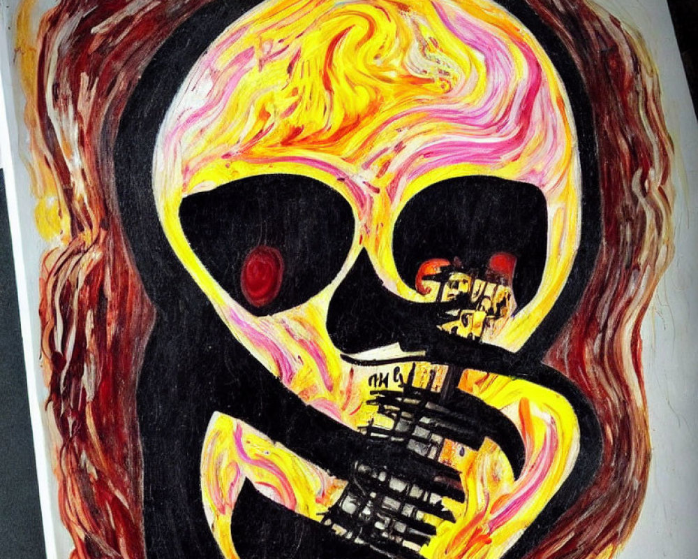 Colorful Skull Painting with Guitar and Fiery Hair