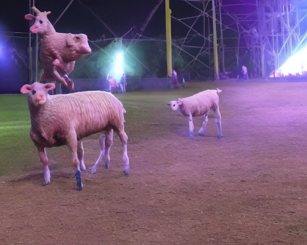 Composite Image of Three-Headed Sheep in Nighttime Field