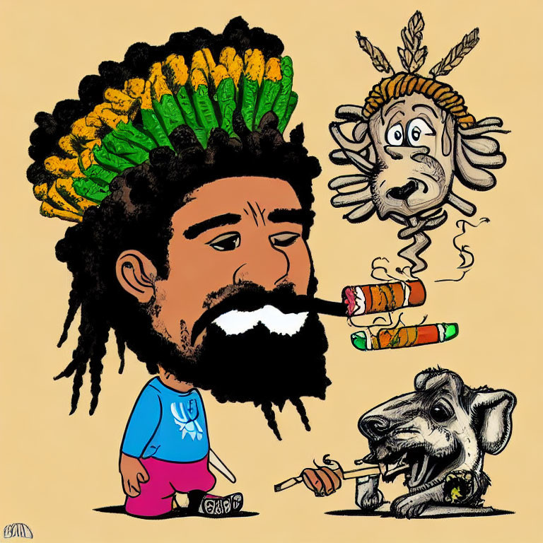 Colorful Rastafarian Hat Man Caricature with Dogs and Dynamite