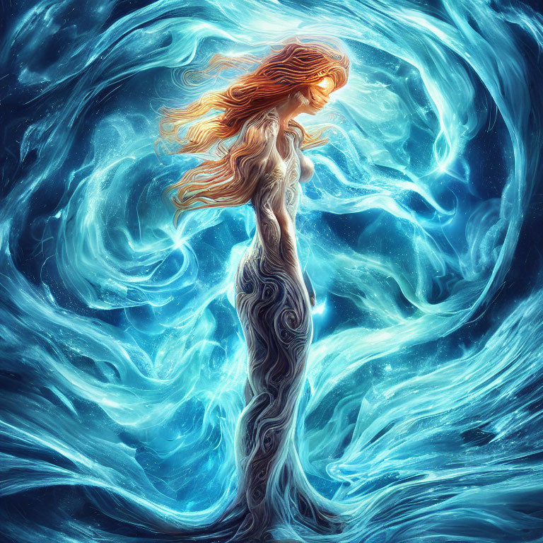 Fantastical image of woman with flowing hair and blue light swirls