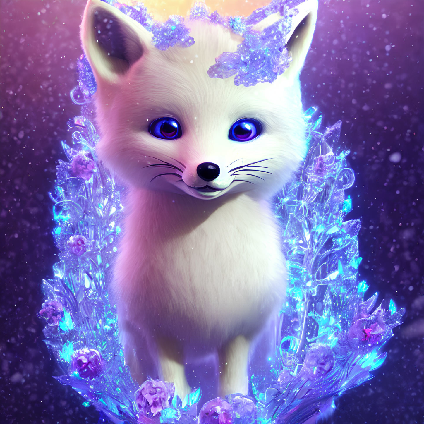 White Fox with Blue Eyes Surrounded by Purple Crystals in Celestial Setting